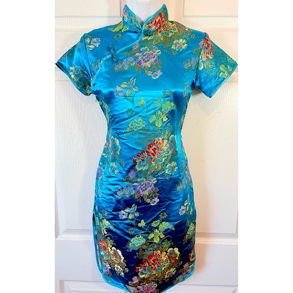 Vintage 90s Blue Satin Asian Cheongsam Qipao Mini Dress XS/S - Picture 1 of 10